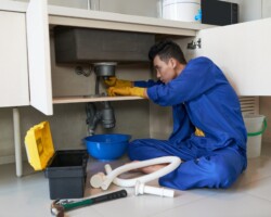 Young Vietnamese plumber checking drain in kitchen
